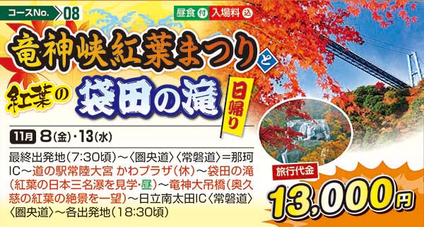 竜神峡紅葉まつり紅葉の袋田の滝（日帰り）