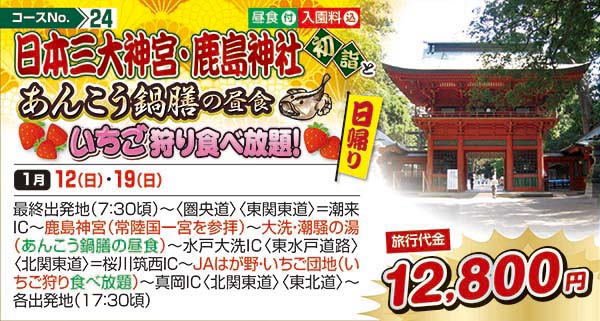 日本三大神宮・鹿島神社初詣とあんこう鍋膳の昼食 いちご狩り食べ放題！（日帰り）