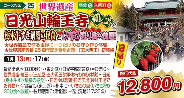 世界遺産日光山輪王寺初詣と栃木牛すき鍋膳の昼食といちご狩り食べ放題！（日帰り）