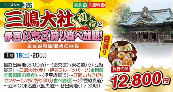 三嶋大社初詣と伊豆いちご狩り食べ放題！（日帰り）