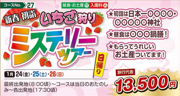 新春 初詣 いちご狩りミステリーツアー　★初詣は日本一〇〇〇〇・〇〇〇〇〇神社　★昼食は〇〇〇鍋膳！ ★もらってうれしいお土産ついてます！（日帰り）