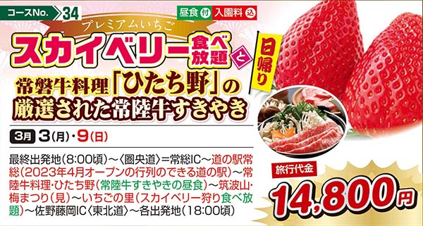 プレミアムいちごスカイベリー食べ放題と常磐牛料理「ひたち野」の厳選された常陸牛すきやき（日帰り）