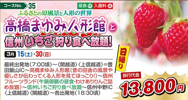 ふるさとの原風景と人形の世界高橋まゆみ人形館と信州いちご狩り食べ放題！（日帰り）