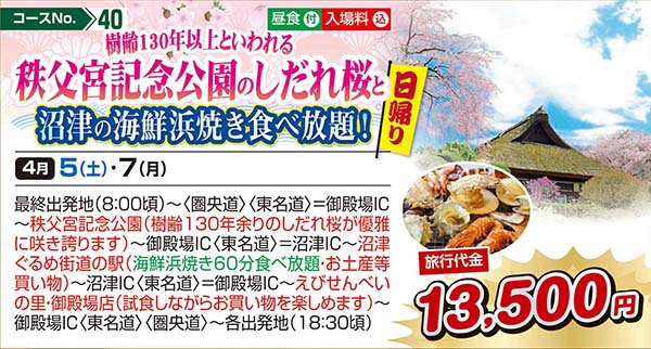 樹齢130年以上といわれる秩父宮記念公園のしだれ桜と沼津の海鮮浜焼き食べ放題！（日帰り）