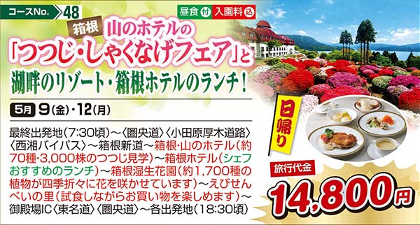 箱根山のホテルの「つつじ・しゃくなげフェア」と湖畔のリゾート・箱根ホテルのランチ！（日帰り）