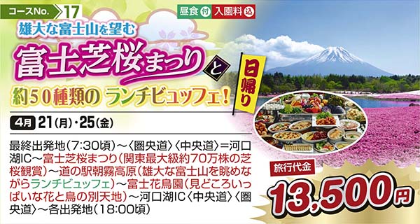 雄大な富士山を望む富士芝桜まつりと約５０種類の ランチビュッフェ！（日帰り）