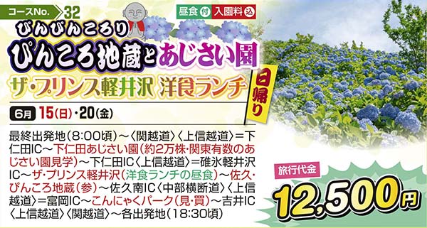 ぴんぴんころり ぴんころ地蔵とあじさい園 ザ・プリンス軽井沢 洋食ランチ（日帰り）