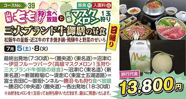 山梨もも狩り食べ放題と高級マスクメロン１玉狩り　三大ブランド牛御膳の昼食 松阪牛の釜飯・近江牛のすき焼き鍋・飛騨牛と野菜のせいろ（日帰り）